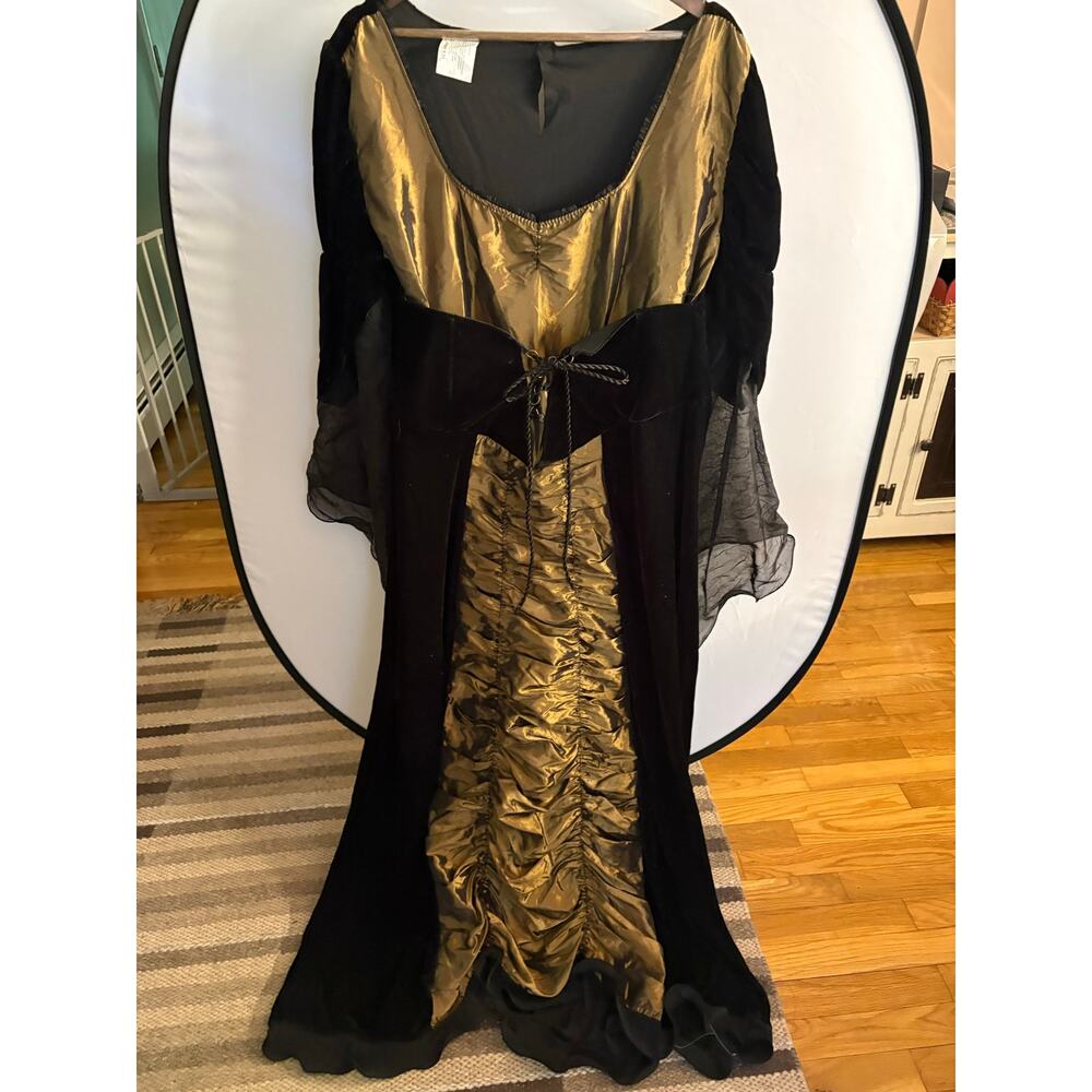 Gothic Medieval Renaissance black Witch Dress Gold Ruched Velvet Bell Corset - Picture 2 of 9